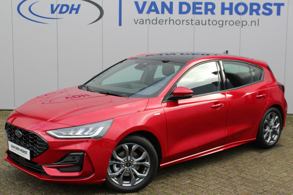 Ford Focus 1.0-125pk EcoBoost Mild-Hybrid ST-Line. Erg chique en luxe Ford Focus, fabrieksgarantie t/m 9 februari 2027 ! SYNC 4, Volautm. airco, navigatie, telefoonvoorb., All Season banden, B&O soundsyst., elektr. panoramadak, stuur-, stoel- en voorraamverwarming, adaptive cruise cntrl, side- en lane assist et