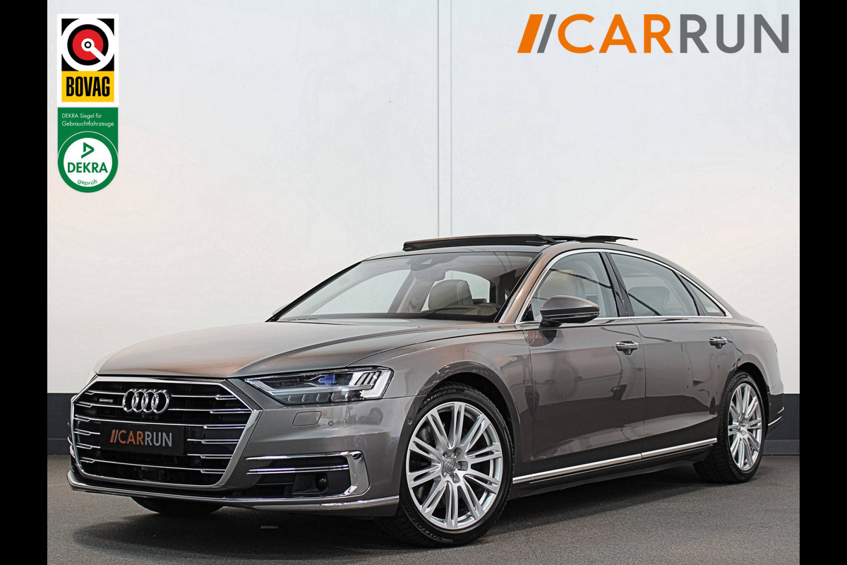 Audi A8 55 TFSI Quattro Lang | Rear-Seat Ent. | Massage V+A | B&O High-End | 360 View | Panorama | Luchtvering | Soft-Close | Laser-LED  Valcona-Leder | ACC | Head-Up | Alcantara hemel | ISO-Glas | Trekhaak | Standkachel | Keyless-Go | Tour-Pakket | Alarm |