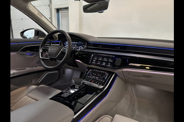 Audi A8 55 TFSI Quattro Lang | Rear-Seat Ent. | Massage V+A | B&O High-End | 360 View | Panorama | Luchtvering | Soft-Close | Laser-LED  Valcona-Leder | ACC | Head-Up | Alcantara hemel | ISO-Glas | Trekhaak | Standkachel | Keyless-Go | Tour-Pakket | Alarm |