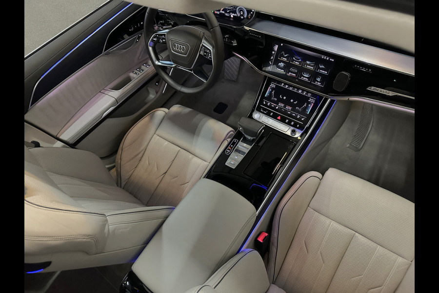 Audi A8 55 TFSI Quattro Lang | Rear-Seat Ent. | Massage V+A | B&O High-End | 360 View | Panorama | Luchtvering | Soft-Close | Laser-LED  Valcona-Leder | ACC | Head-Up | Alcantara hemel | ISO-Glas | Trekhaak | Standkachel | Keyless-Go | Tour-Pakket | Alarm |