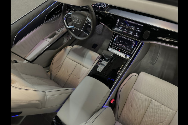 Audi A8 55 TFSI Quattro Lang | Rear-Seat Ent. | Massage V+A | B&O High-End | 360 View | Panorama | Luchtvering | Soft-Close | Laser-LED  Valcona-Leder | ACC | Head-Up | Alcantara hemel | ISO-Glas | Trekhaak | Standkachel | Keyless-Go | Tour-Pakket | Alarm |