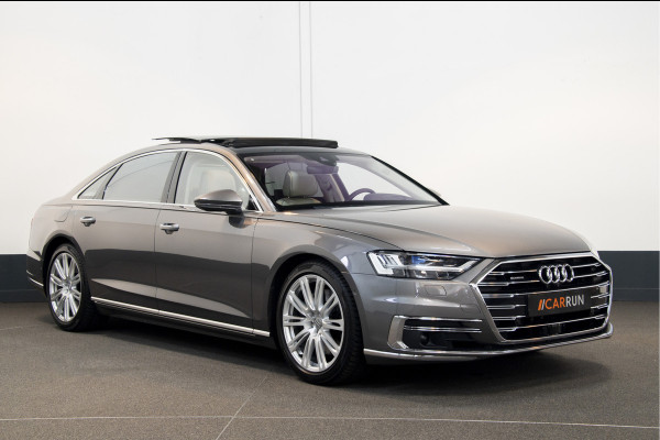 Audi A8 55 TFSI Quattro Lang | Rear-Seat Ent. | Massage V+A | B&O High-End | 360 View | Panorama | Luchtvering | Soft-Close | Laser-LED  Valcona-Leder | ACC | Head-Up | Alcantara hemel | ISO-Glas | Trekhaak | Standkachel | Keyless-Go | Tour-Pakket | Alarm |