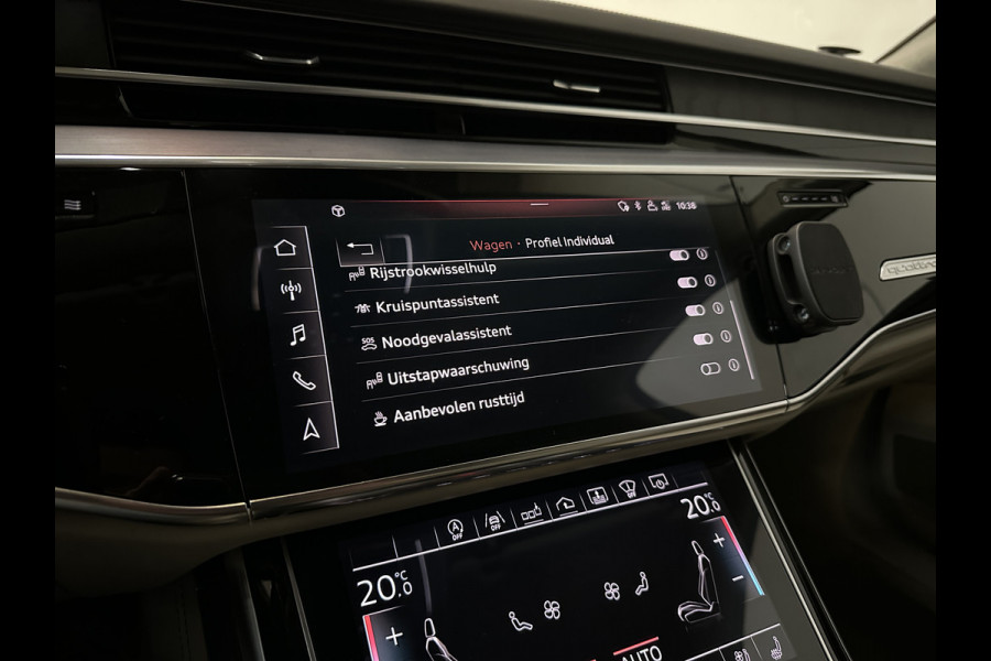 Audi A8 55 TFSI Quattro Lang | Rear-Seat Ent. | Massage V+A | B&O High-End | 360 View | Panorama | Luchtvering | Soft-Close | Laser-LED  Valcona-Leder | ACC | Head-Up | Alcantara hemel | ISO-Glas | Trekhaak | Standkachel | Keyless-Go | Tour-Pakket | Alarm |