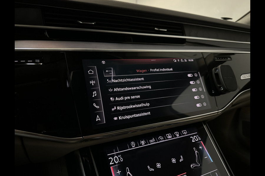 Audi A8 55 TFSI Quattro Lang | Rear-Seat Ent. | Massage V+A | B&O High-End | 360 View | Panorama | Luchtvering | Soft-Close | Laser-LED  Valcona-Leder | ACC | Head-Up | Alcantara hemel | ISO-Glas | Trekhaak | Standkachel | Keyless-Go | Tour-Pakket | Alarm |