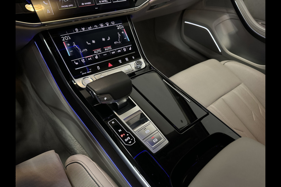 Audi A8 55 TFSI Quattro Lang | Rear-Seat Ent. | Massage V+A | B&O High-End | 360 View | Panorama | Luchtvering | Soft-Close | Laser-LED  Valcona-Leder | ACC | Head-Up | Alcantara hemel | ISO-Glas | Trekhaak | Standkachel | Keyless-Go | Tour-Pakket | Alarm |