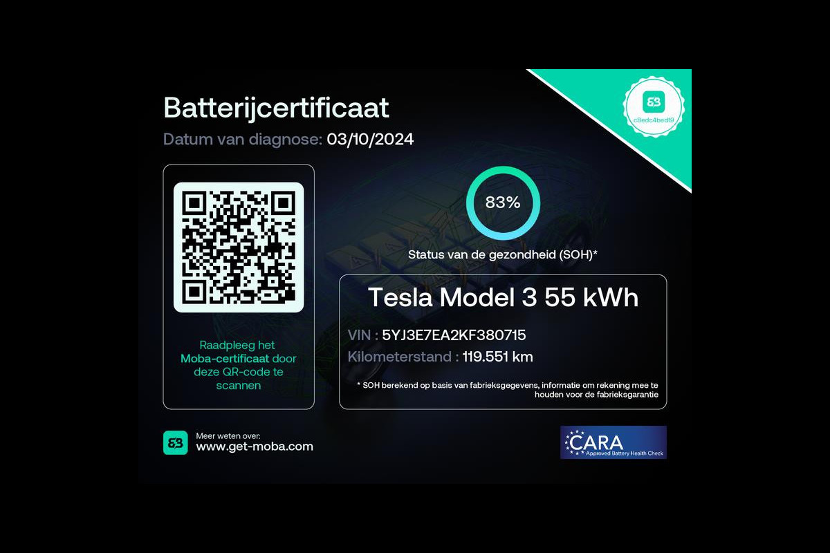 Tesla Model 3 Standard RWD Plus 60 kWh Wit leer 83% SOH Certificaat