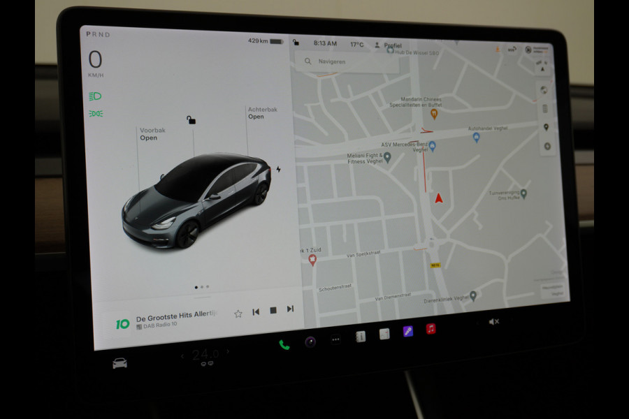 Tesla Model 3 Long Range RWD 75kWh 325PK Achterwielaandrijving Leder Premium-l.s. PanoDak Adaptive cruise 18" Camera's Elektr.-Stuur+Stoelen+S Navi full map LED-a+v ACC Dual-ECC DAB Voorverwarmen interieur via App Keyless via Telefoonsleutel One-Pedal-Drive Orgineel NL Auto Achterwielaandrijving, lager in de wegenbelasting, meer rijbereik door lager gewicht!