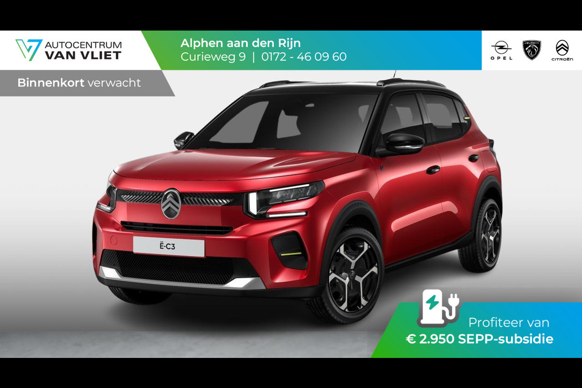 Citroën ë-C3 You + Pack PLUS 44 kWh | Two tone dak | Snelladen tot 100 kW | Draadloos Apple Carplay & Android Auto | Parkeersensoren | Airco | 17" stalen velgen |  | Nieuw model!