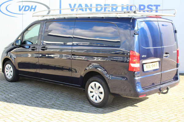 Mercedes-Benz Vito 116-163pk CDI XL, schuifdeur li.+re. Extra lange uitvoering ! Volautomatische airco, cruise control, achterdeuren, trekhaak, dubbele schuifdeur, laadruimte betimmerd, imperiaal, metallic lak, stoelen met armleuning.