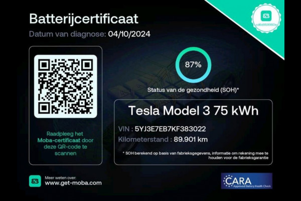 Tesla Model 3 Long Range AWD 75 kWh 87% SOH Trekhaak (1.000kg)