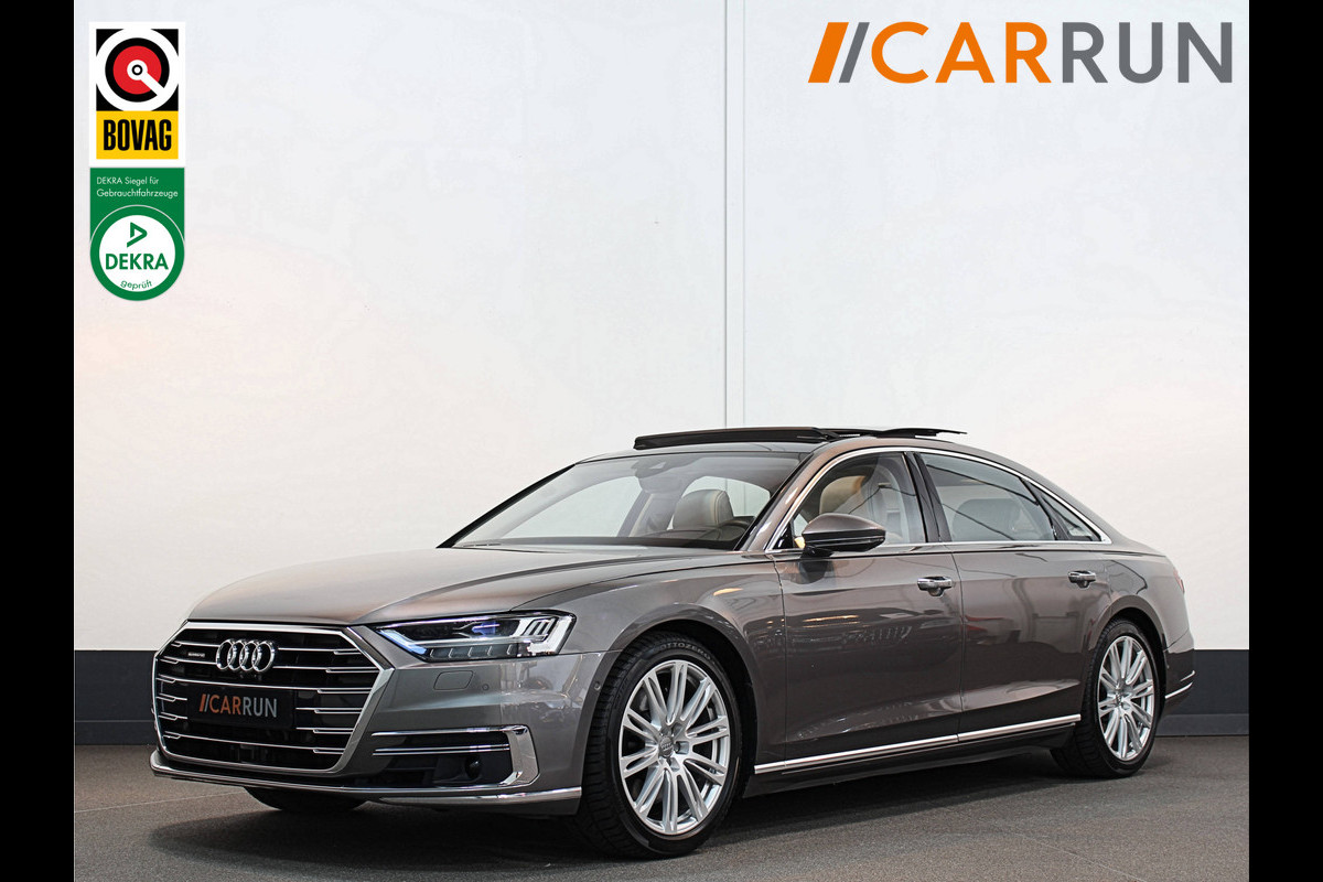 Audi A8 55 TFSI Quattro Lang | Rear-Seat Ent. | Massage V+A | B&O High-End | 360 View | Panorama | Luchtvering | Soft-Close | Laser-LED  Valcona-Leder | ACC | Head-Up | Alcantara hemel | ISO-Glas | Trekhaak | Standkachel | Keyless-Go | Tour-Pakket | Alarm |