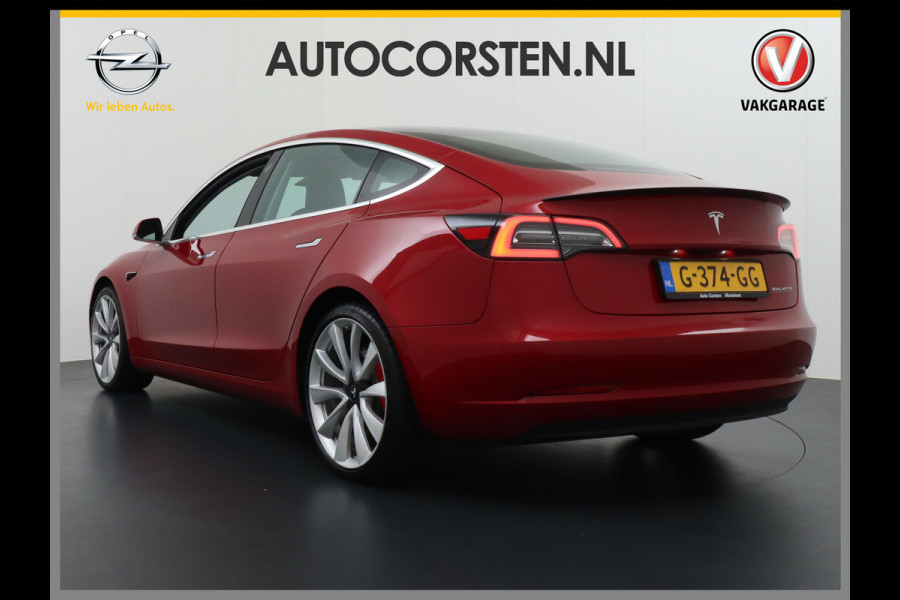 Tesla Model 3 Performance 513pk 3,4 sec 0-100 ! 20"lm FSD-vb. AutoPilot Carbon-Spoiler Premium-HiFi Pano.dak Camera Leer Adaptive-Cruise+Stop& Navigatiesysteem full map LED-a+v Comfortstoel(en) ACC Dual-ECC DAB Voorverwarmen interieur via App Keyless via Telefoonsleutel One-Pedal-Drive 4wd Rode Remklauwen Carbon-Spoiler Premium Audio Veel grip door 4WD vierwielaandrijving.  Origineel Nederlandse auto !