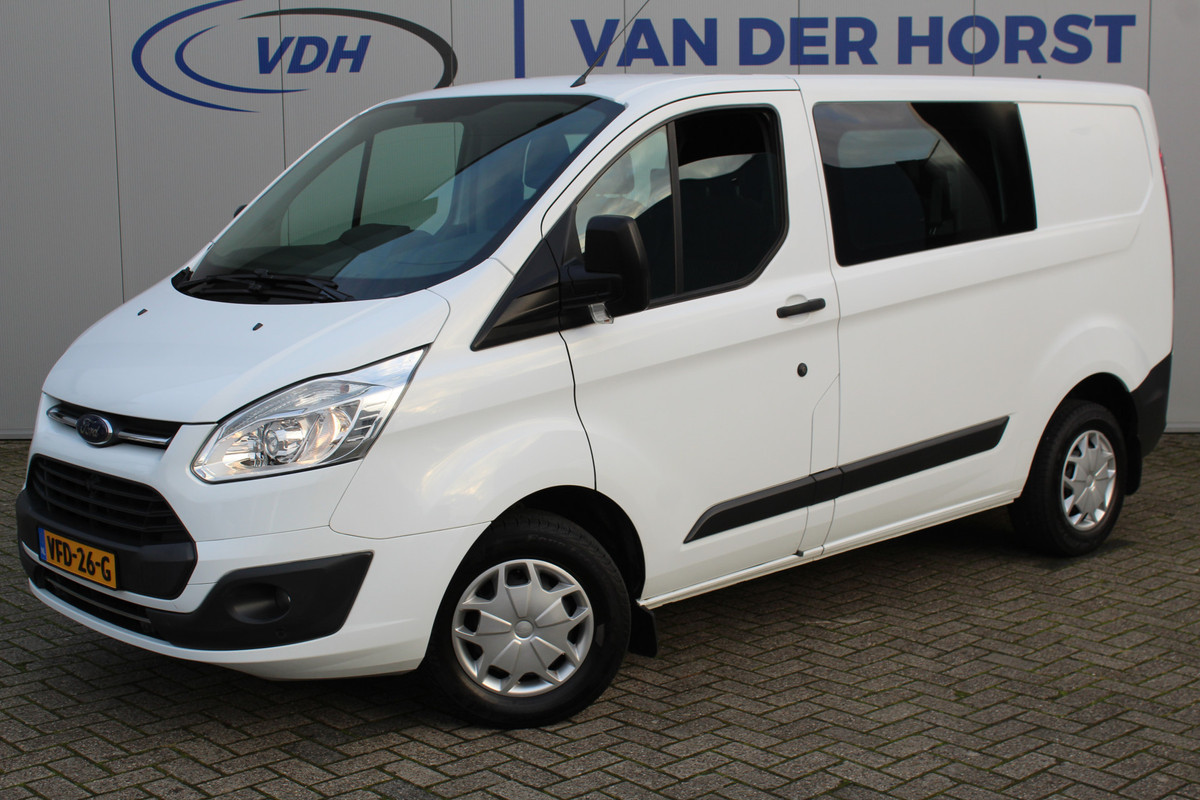 Ford Transit Custom 290 2.0-130pk TDCI L1H1 Trend Dubb. Cab-6 pers. Dames en heren ondernemers, handzame Ford Transit Custom met dubb. cab., geschikt voor nog jaren plezierig vervoer. Airco, cruise control, telefoonvoorb., trekhaak, parkeersensoren v+a, laadruimte betimmerd etc.