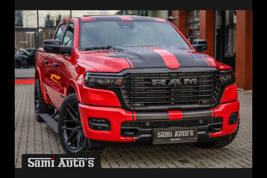 Dodge Ram PREMIUM NIGHT 2025 | HURRICAN 420PK 636 Nm | BOM VOL + 14.4 INCH SCHERM + LUCHTVERING + HUD | PRIJS MET LPG EN COVER EN GARANTIE DUBBELE CABINE | PICK UP | 5 PERSOONS | DC | GRIJSKENTEKEN | PR4 FLAME RED | VOORRAAD NR 2226 - 4993