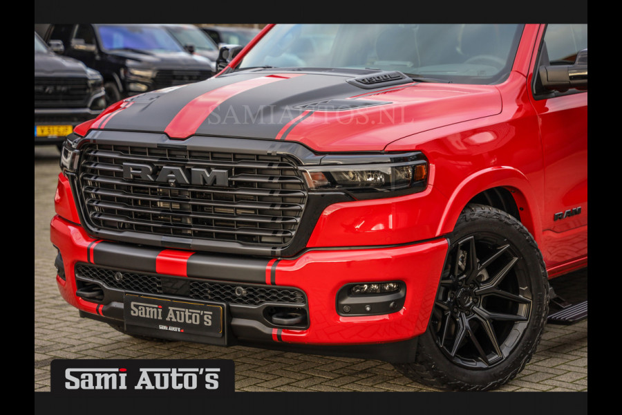 Dodge Ram PREMIUM NIGHT 2025 | HURRICAN 420PK 636 Nm | BOM VOL + 14.4 INCH SCHERM + LUCHTVERING + HUD | PRIJS MET LPG EN COVER EN GARANTIE DUBBELE CABINE | PICK UP | 5 PERSOONS | DC | GRIJSKENTEKEN | PR4 FLAME RED | VOORRAAD NR 2226 - 4993