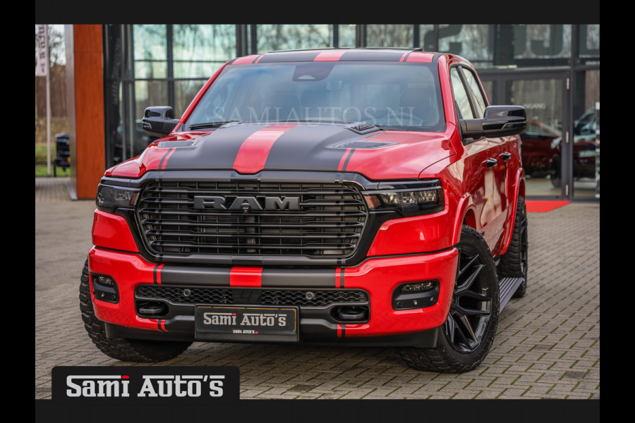 Dodge Ram PREMIUM NIGHT 2025 | HURRICAN 420PK 636 Nm | BOM VOL + 14.4 INCH SCHERM + LUCHTVERING + HUD | PRIJS MET LPG EN COVER EN GARANTIE DUBBELE CABINE | PICK UP | 5 PERSOONS | DC | GRIJSKENTEKEN | PR4 FLAME RED | VOORRAAD NR 2226 - 4993