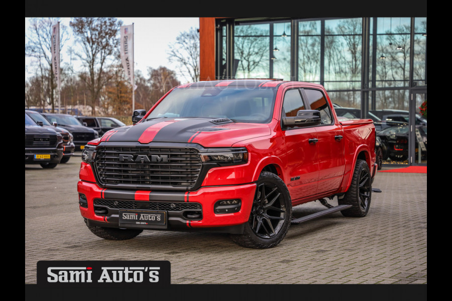 Dodge Ram PREMIUM NIGHT 2025 | HURRICAN 420PK 636 Nm | BOM VOL + 14.4 INCH SCHERM + LUCHTVERING + HUD | PRIJS MET LPG EN COVER EN GARANTIE DUBBELE CABINE | PICK UP | 5 PERSOONS | DC | GRIJSKENTEKEN | PR4 FLAME RED | VOORRAAD NR 2226 - 4993