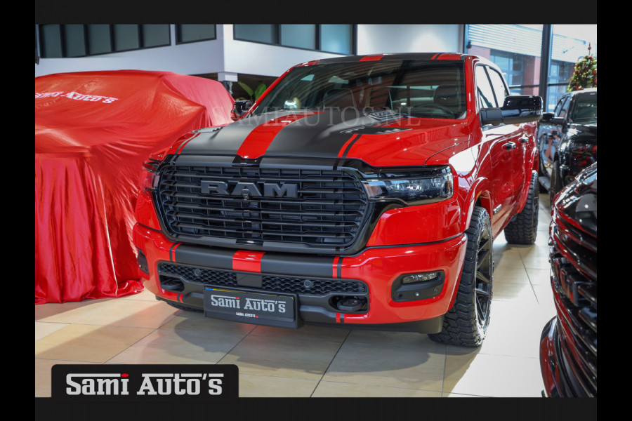 Dodge Ram PREMIUM NIGHT 2025 | HURRICAN 420PK 636 Nm | BOM VOL + 14.4 INCH SCHERM + LUCHTVERING + HUD | PRIJS MET LPG EN COVER EN GARANTIE DUBBELE CABINE | PICK UP | 5 PERSOONS | DC | GRIJSKENTEKEN | PR4 FLAME RED | VOORRAAD NR 2226 - 4993