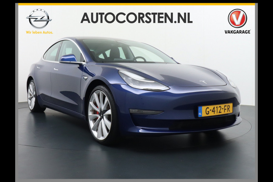 Tesla Model 3 Performance AWD 513pk 0-100 3,4 sec. 20" FSD-vb. AutoPilot Carbon Spoiler Premium-HiFi Pano.dak Camera Leer Adaptive-Cruise+Stop 4wd Rode Remklauwen Carbon-Spoiler Premium Audio Veel grip door 4WD vierwielaandrijving.  Origineel Nederlandse auto ! 1e eigenaar 69250 nieuw