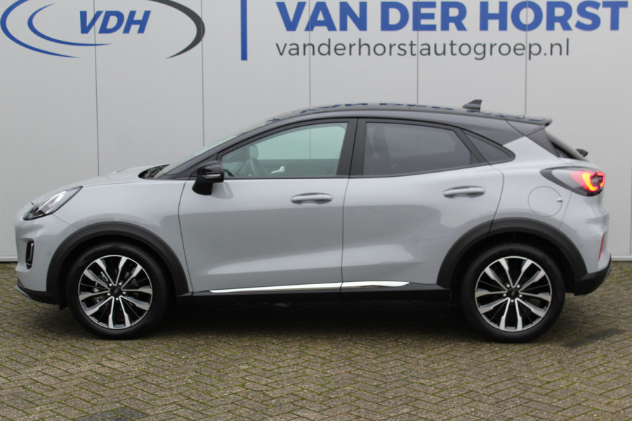 Ford Puma 1.0-125pk EcoBoost Mild-Hybrid Titanium X. Garantie t/m 22-04-2028 ! Slechts 5.800km ! Adaptive cruise cntrl, climate control, stoel-, stuur- en voorraamverw., navigatie, telefoonvoorb., camera, elektr. achterklep, B&O soundsyst., lane- en side assist, LED verlichting etc.