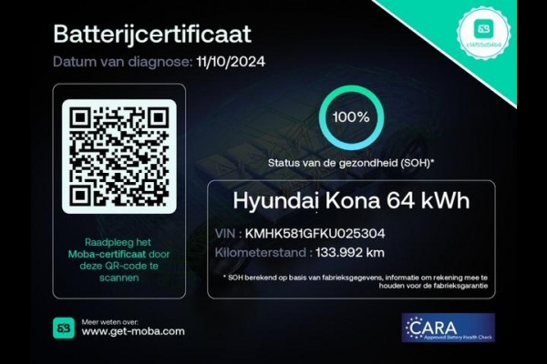 Hyundai Kona EV PREMIUM 204 PK PANORAMADAK ACCU=100% 64Kwh. LEER. NAVI. KEYLESS. FULL OPTION. TOT 5 JAAR GARANTIE*