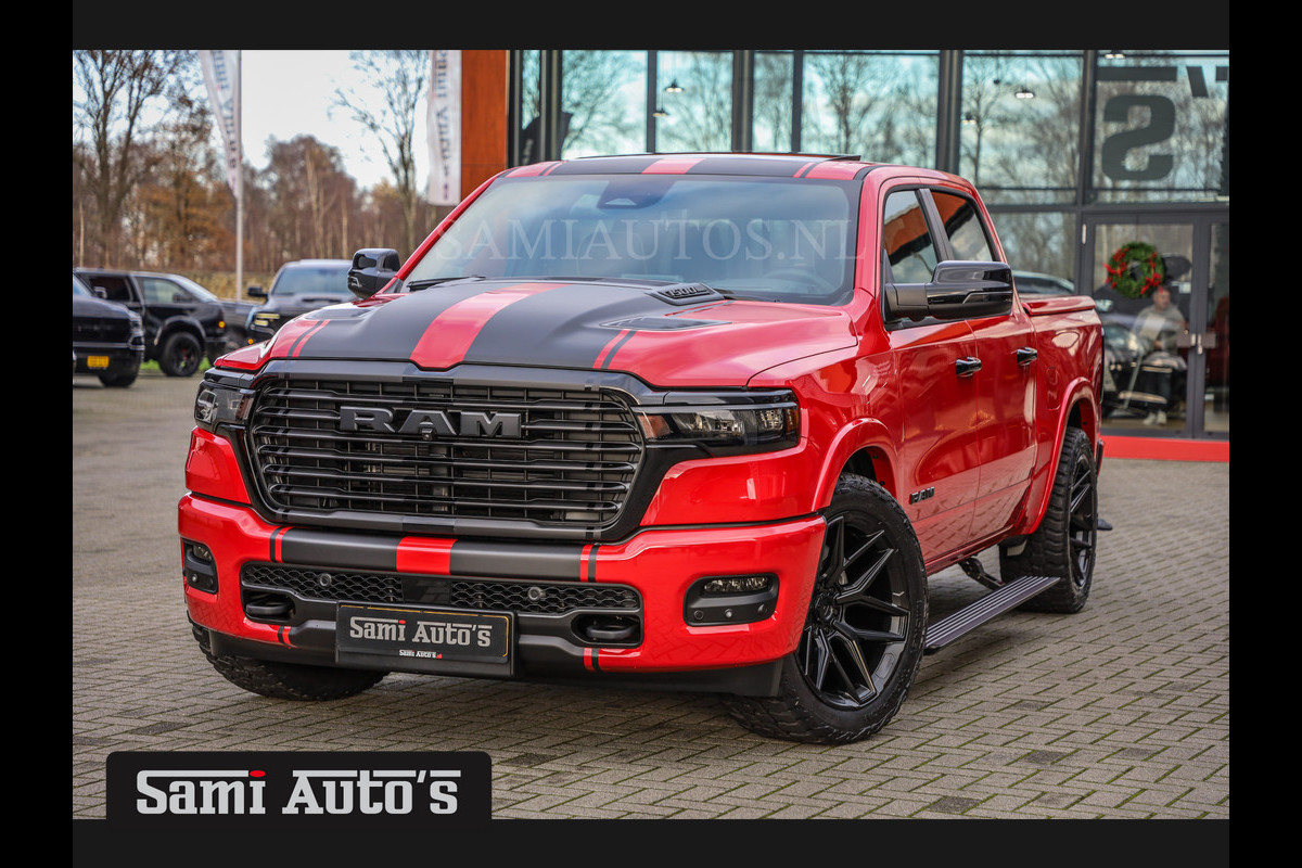 Dodge Ram PREMIUM NIGHT 2025 | HURRICAN 420PK 636 Nm | BOM VOL + 14.4 INCH SCHERM + LUCHTVERING + HUD | PRIJS MET LPG EN COVER EN GARANTIE DUBBELE CABINE | PICK UP | 5 PERSOONS | DC | GRIJSKENTEKEN | PR4 FLAME RED | VOORRAAD NR 2226 - 4993