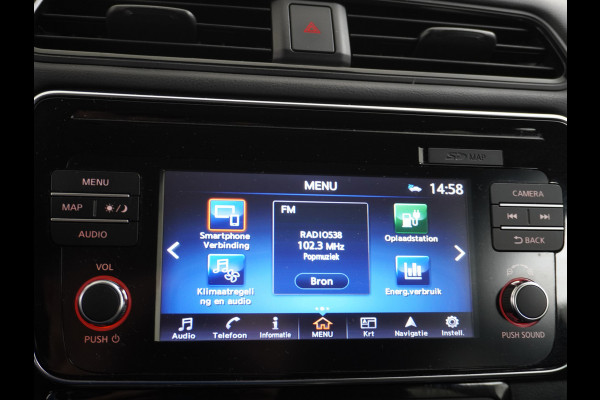 Nissan Leaf 40kWh Android Auto Apple Carplay 360° Camera Keyless Adapt.Cruise-Control PDC-a+v Navi Ecc Bluetooth DAB Led DAB Dodehoek detect Rijstrooksensor met correctie Stoelverwarming Regen-Licht Sensor LMV VerwarmdStuur+Achterbank Verkeersbord detectie N-Connecta 1e Eigenaar, 150PK, 320NM Trekkracht