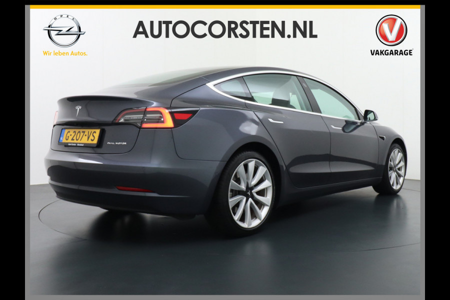 Tesla Model 3 Long Range 75kWh 463PK 19"lm Premium Audio 4wd  AutoPilot Panoramadak Camera's Leder Adaptive-CruiseControl-Stop&Go Pdc Ecc Dual Stoel en achterbank verwarming Keyless Electr.Stoelen+Memory+Easy-Entry WiFi Origineel Nederlandse auto Grootste accu, Tot 16,5kwh thuis laden.