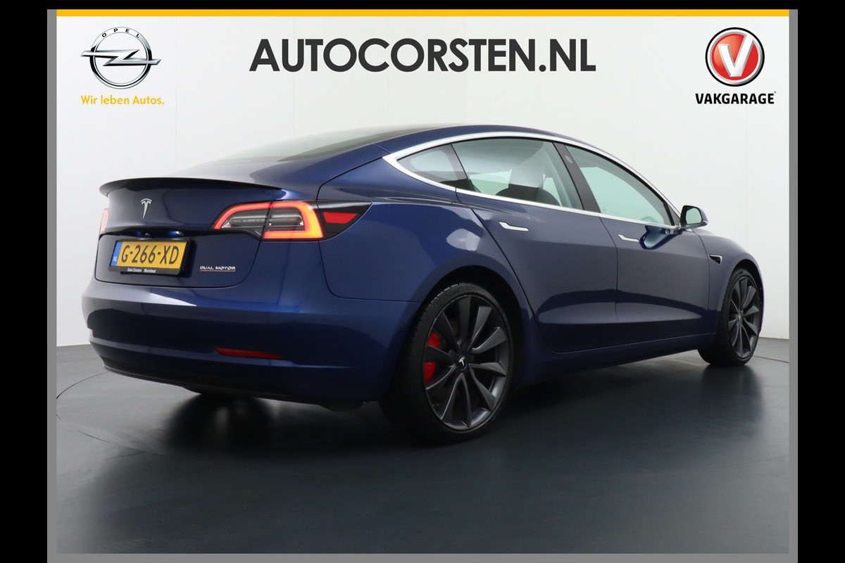 Tesla Model 3 Performance 513pk 3,4 sec 0-100 ! 20"lm FSD-computer 3 AutoPilot Carbon-Spoiler Premium-HiFi Pano.dak Camera Leer Adaptive-Cruis Navigatiesysteem full map LED-a+v Comfortstoel(en) ACC Dual-ECC DAB Voorverwarmen interieur via App Keyless via Telefoonsleutel One-Pedal-Drive 4wd Rode Remklauwen Carbon-Spoiler Premium Audio Veel grip door 4WD vierwielaandrijving.  Origineel Nederlandse auto ! nieuwprijs euro 65.680 euro Accu garantie 23-12-2027