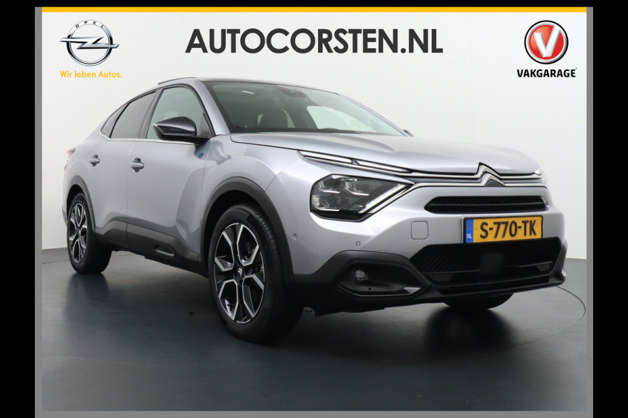 Citroën Ë-C4 X 50kWh Leder Panormadak Warmtepomp Camera Stuurverwarming Voorruitverwarming Apple Carplay Android Auto Full-Led Keyless Navi Pdc Visio Park 1 Pack HiFi-audio Lmv 18" Dab Geluidsisolerend glas Shine Fase 3 laden, 1e Eigenaar, Zeer compleet!