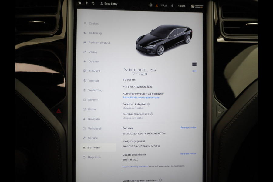 Tesla Model S 75D 476pk AWD Luchtvering Performance Enhanced AutoPilot Navi Panorama-Dak Camera Adaptive-Led Premium Conncetivity Elektr.-1/2- 19"LM 4WD Schuifkanteldak Wi-Fi.Vb. App AEB ASR Rijstrookhulp Bordherkenning ACC ESP DodehoekDetector  Mistlampen Verwarmde-Sproeiers Performance Pakket (panoramadak autopilot) €92.000 nieuw