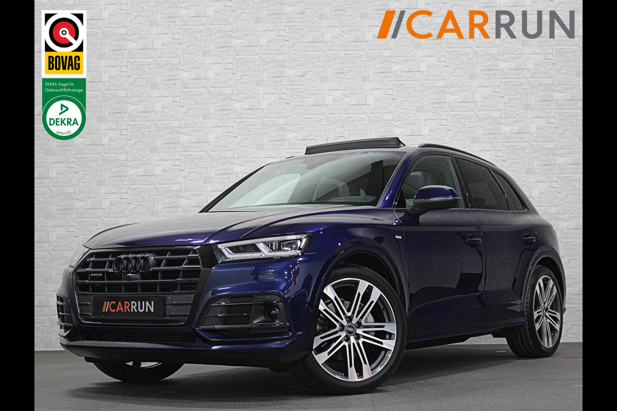 Audi Q5 2.0 TFSI Quattro S-Line | Luchtvering | 360 View | Panorama | ACC | RS-Leder | Head-Up | B&O Sound | Keyless-Entry | Trekhaak | Sfeerverlichting | Stoelverwarming V+A | Elek-Stoelen | Autom. Parkeren | Virtual-Cockpit | Draadloos Laden |