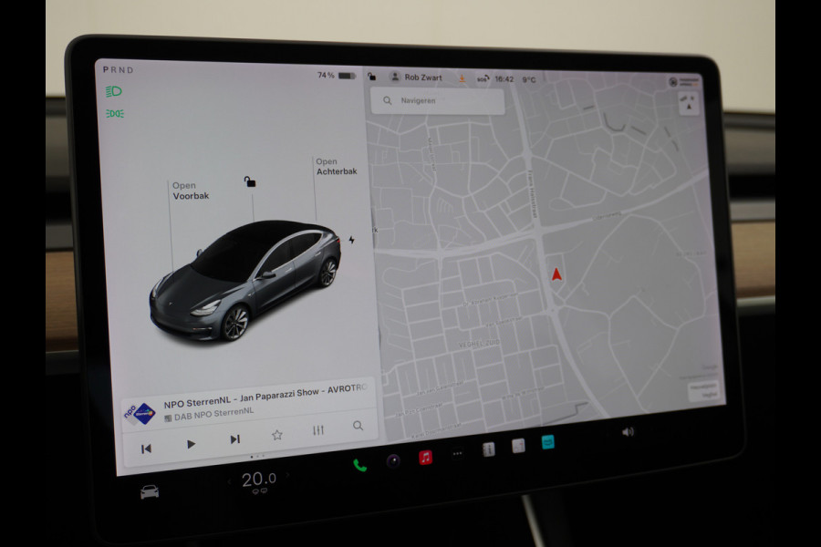 Tesla Model 3 SR+60kWh 325PK 19" AutoPilot Leer PanoDak Adaptive cruise Camera's Elektr.-Stuur+Stoelen+Spiegels+Geheugen+Easy-Entry+Verwarmde  Ecc Navigatiesysteem full map LED-a+v Comfortstoel(en) ACC Dual-ECC DAB Voorverwarmen interieur via App Keyless via Telefoonsleutel One-Pedal-Drive Orig. nlse auto tot 11kw laden thuis ! Garantie Accu tot  14-12-2027 max 160.000km 1584kg licht!