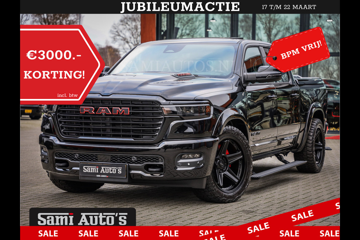 Dodge Ram NIGHT PREMIUM 2025 | BOM VOL + 14.4 INCH SCHERM | LUCHTVERING | HUD | 420PK 636 Nm | PRIJS MET LPG EN COVER EN GARANTIE | DUBBELE CABINE | PICK UP | 5 PERSOONS | DC | GRIJSKENTEKEN | VOORRAAD NR 2200 - 0886