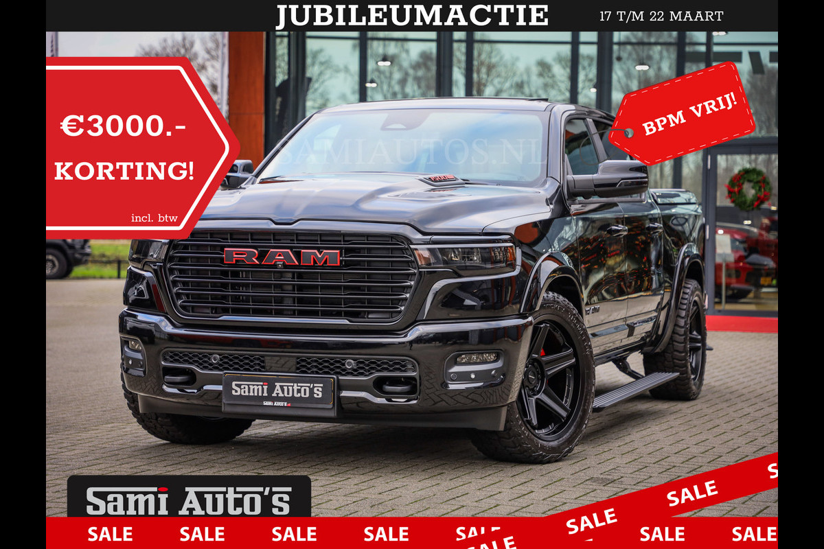 Dodge Ram NIGHT PREMIUM 2025 | BOM VOL + 14.4 INCH SCHERM | LUCHTVERING | HUD | HURRICANE 420PK 636 Nm | PRIJS MET LPG EN COVER EN GARANTI DUBBELE CABINE | PICK UP | 5 PERSOONS | DC | GRIJSKENTEKEN | VOORRAAD NR 2287 - 3384