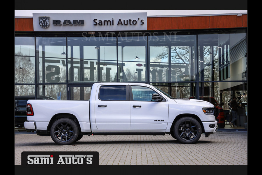 Dodge Ram 1500 LARAMIE NIGHT | NIEUW! BMP VRIJ | PANORAMA | LPG | HUD | VIRTUAL | LUCHTVERING | 360CAM | DODE HOEK | 5.7 V8 HEMI 402PK 4x4 | CREWCAB 5 PERSOONS | GRIJSKENTEKEN | VOORRAAD NR 2147 - 4802