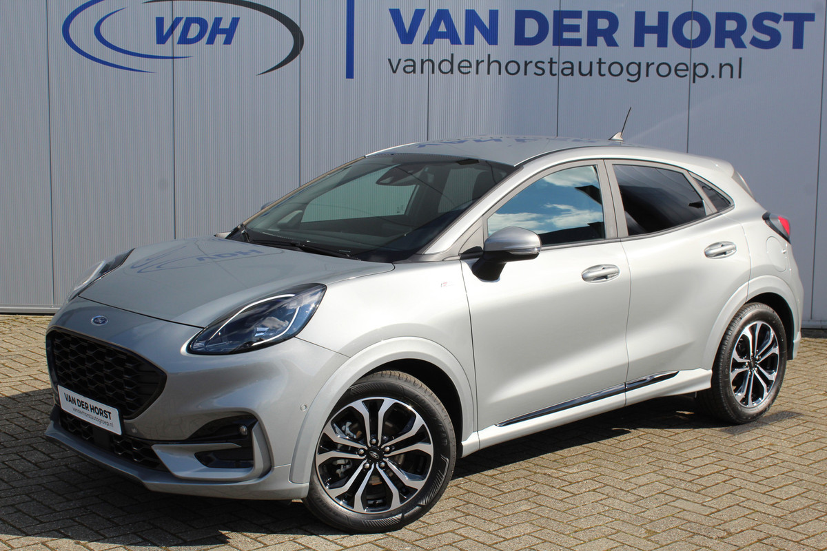 Ford Puma 1.0-125pk EcoBoost Hybrid ST-Line. April 2024 ! Slechts 6.500km ! Autm. airco, navigatie, telefoonvoorb., camera, pdc v+a, parkeerassistent, LED verl., metallic lak, LM wielen, stoel-, stuur- en voorraamverw., lane- en sideassist, adapt. cruise cntrl etc