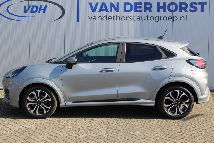 Ford Puma 1.0-125pk EcoBoost Hybrid ST-Line. April 2024 ! Slechts 6.500km ! Autm. airco, navigatie, telefoonvoorb., camera, pdc v+a, parkeerassistent, LED verl., metallic lak, LM wielen, stoel-, stuur- en voorraamverw., lane- en sideassist, adapt. cruise cntrl etc