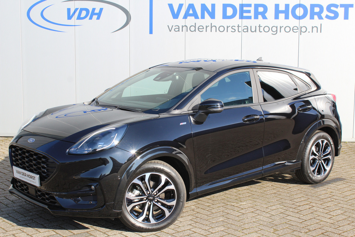 Ford Puma 1.0-125pk EcoBoost Hybrid ST-Line. April 2024 ! Slechts 8.400km ! Autm. airco, navigatie, telefoonvoorb., camera, pdc v+a, parkeerassistent, LED verl., metallic lak, LM wielen, stoel-, stuur- en voorraamverw., lane- en sideassist, adapt. cruise cntrl etc