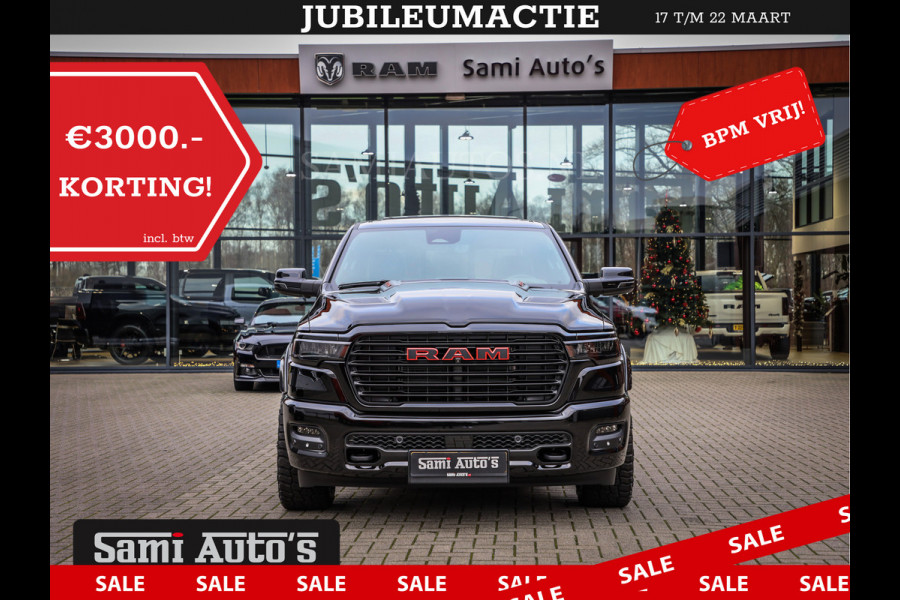 Dodge Ram NIGHT PREMIUM 2025 | BOM VOL + 14.4 INCH SCHERM | LUCHTVERING | HUD | HURRICANE 420PK 636 Nm | PRIJS MET LPG EN COVER EN GARANTI DUBBELE CABINE | PICK UP | 5 PERSOONS | DC | GRIJSKENTEKEN | VOORRAAD NR 2287 - 3384