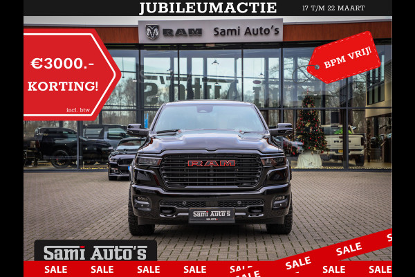 Dodge Ram NIGHT PREMIUM 2025 | BOM VOL + 14.4 INCH SCHERM | LUCHTVERING | HUD | HURRICANE 420PK 636 Nm | PRIJS MET LPG EN COVER EN GARANTI DUBBELE CABINE | PICK UP | 5 PERSOONS | DC | GRIJSKENTEKEN | VOORRAAD NR 2287 - 3384