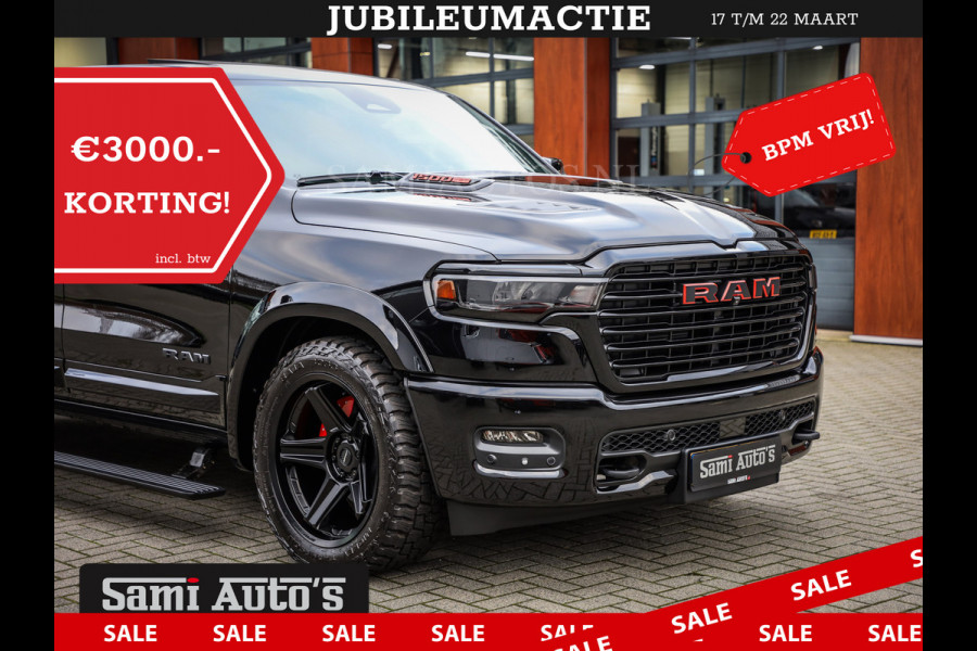 Dodge Ram NIGHT PREMIUM 2025 | BOM VOL + 14.4 INCH SCHERM | LUCHTVERING | HUD | HURRICANE 420PK 636 Nm | PRIJS MET LPG EN COVER EN GARANTI DUBBELE CABINE | PICK UP | 5 PERSOONS | DC | GRIJSKENTEKEN | VOORRAAD NR 2287 - 3384