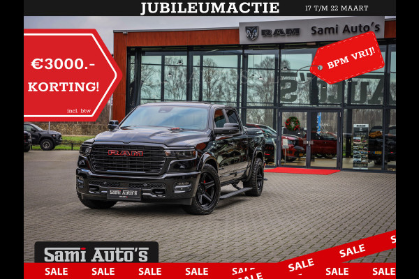 Dodge Ram NIGHT PREMIUM 2025 | BOM VOL + 14.4 INCH SCHERM | LUCHTVERING | HUD | HURRICANE 420PK 636 Nm | PRIJS MET LPG EN COVER EN GARANTI DUBBELE CABINE | PICK UP | 5 PERSOONS | DC | GRIJSKENTEKEN | VOORRAAD NR 2287 - 3384