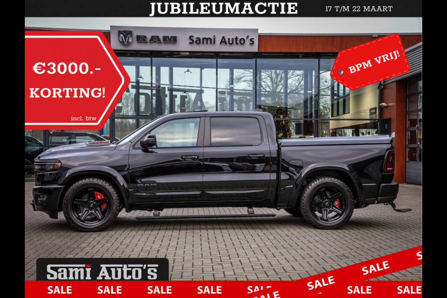 Dodge Ram NIGHT PREMIUM 2025 | BOM VOL + 14.4 INCH SCHERM | LUCHTVERING | HUD | HURRICANE 420PK 636 Nm | PRIJS MET LPG EN COVER EN GARANTI DUBBELE CABINE | PICK UP | 5 PERSOONS | DC | GRIJSKENTEKEN | VOORRAAD NR 2287 - 3384