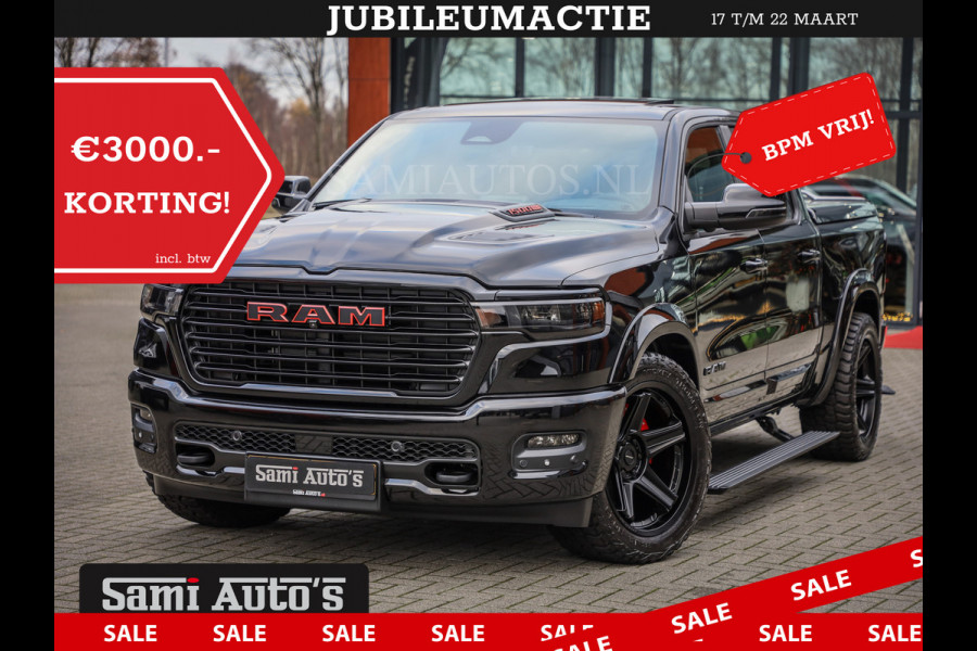 Dodge Ram NIGHT PREMIUM 2025 | BOM VOL + 14.4 INCH SCHERM | LUCHTVERING | HUD | HURRICANE 420PK 636 Nm | PRIJS MET LPG EN COVER EN GARANTI DUBBELE CABINE | PICK UP | 5 PERSOONS | DC | GRIJSKENTEKEN | VOORRAAD NR 2287 - 3384