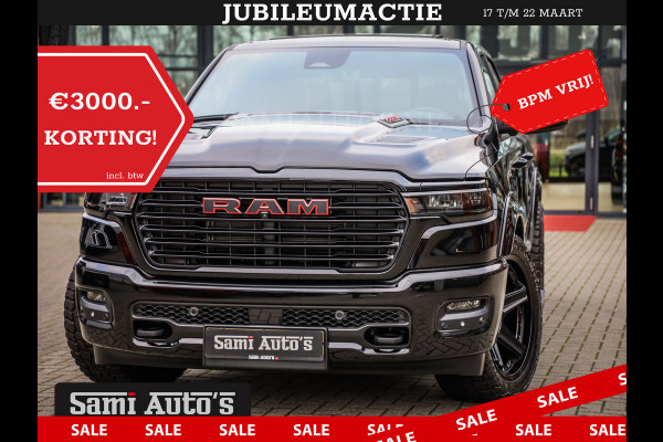 Dodge Ram NIGHT PREMIUM 2025 | BOM VOL + 14.4 INCH SCHERM | LUCHTVERING | HUD | HURRICANE 420PK 636 Nm | PRIJS MET LPG EN COVER EN GARANTI DUBBELE CABINE | PICK UP | 5 PERSOONS | DC | GRIJSKENTEKEN | VOORRAAD NR 2287 - 3384