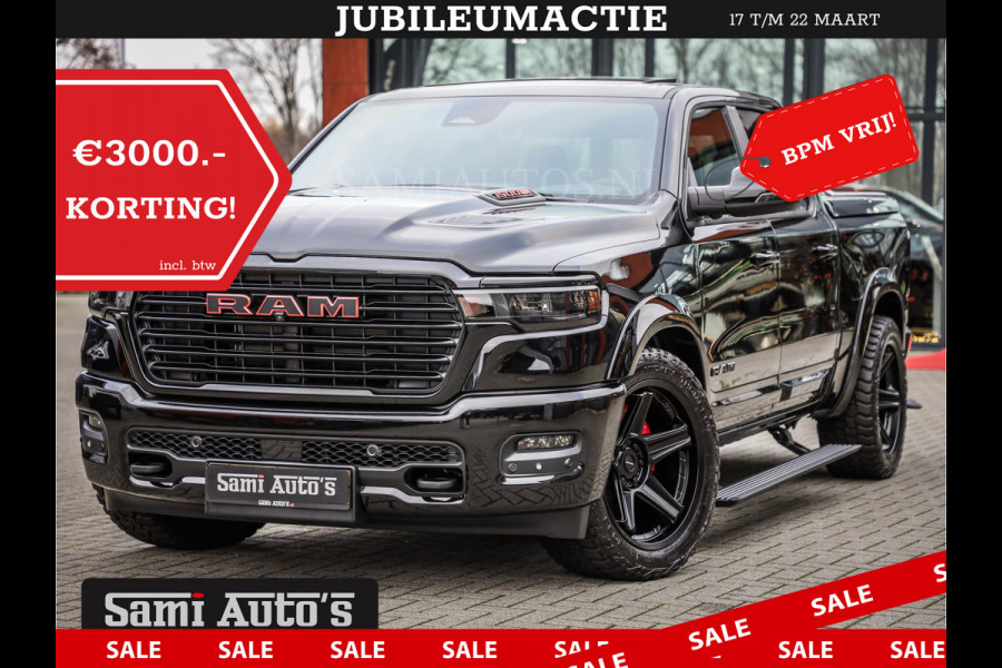 Dodge Ram NIGHT PREMIUM 2025 | BOM VOL + 14.4 INCH SCHERM | LUCHTVERING | HUD | HURRICANE 420PK 636 Nm | PRIJS MET LPG EN COVER EN GARANTI DUBBELE CABINE | PICK UP | 5 PERSOONS | DC | GRIJSKENTEKEN | VOORRAAD NR 2287 - 3384