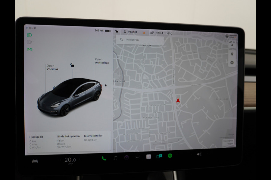 Tesla Model 3 SR+ RWD 60kWh 325PK Lmv 18" AutoPilot Premium-Luidsprekers Leder PanoDak Adaptive cruise Camera's Elektr.-Stuur+Stoelen+Spiegels Navi Lane-Assist Speed-Assist LED ACC DAB Voorverwarmen interieur en Keyless via App One-Pedal-Drive Origineel Nederlandse auto tot 11kw laden thuis ! Garantie Accu tot 20-11-2027 max 160.000km