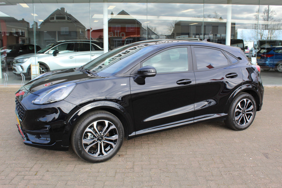 Ford Puma 1.0-125pk EcoBoost Hybrid ST-Line. April 2024 ! Slechts 7.400km ! Autm. airco, navigatie, telefoonvoorb., camera, pdc v+a, parkeerassistent, LED verl., metallic lak, LM wielen, stoel-, stuur- en voorraamverw., lane- en sideassist, adapt. cruise cntrl etc