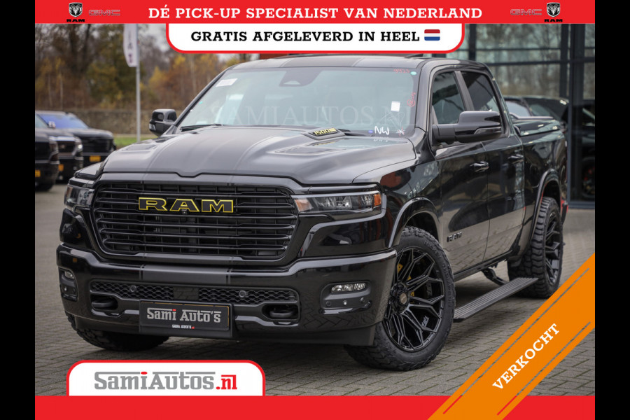 Dodge Ram PREMIUM NIGHT | MAY 2025 BOM VOL + HUD & 14.4 INCH SCHERM | LUCHTVERING | 420PK 636 Nm | PRIJS MET LPG EN COVER EN GARANTIE | DUBBELE CABINE | PICK UP | 5 PERSOONS | DC | GRIJSKENTEKEN | VOORRAAD NR 2232 - 3424